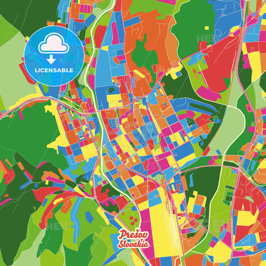 Prešov, Slovakia Crazy Colorful Street Map Poster Template - HEBSTREITS Sketches