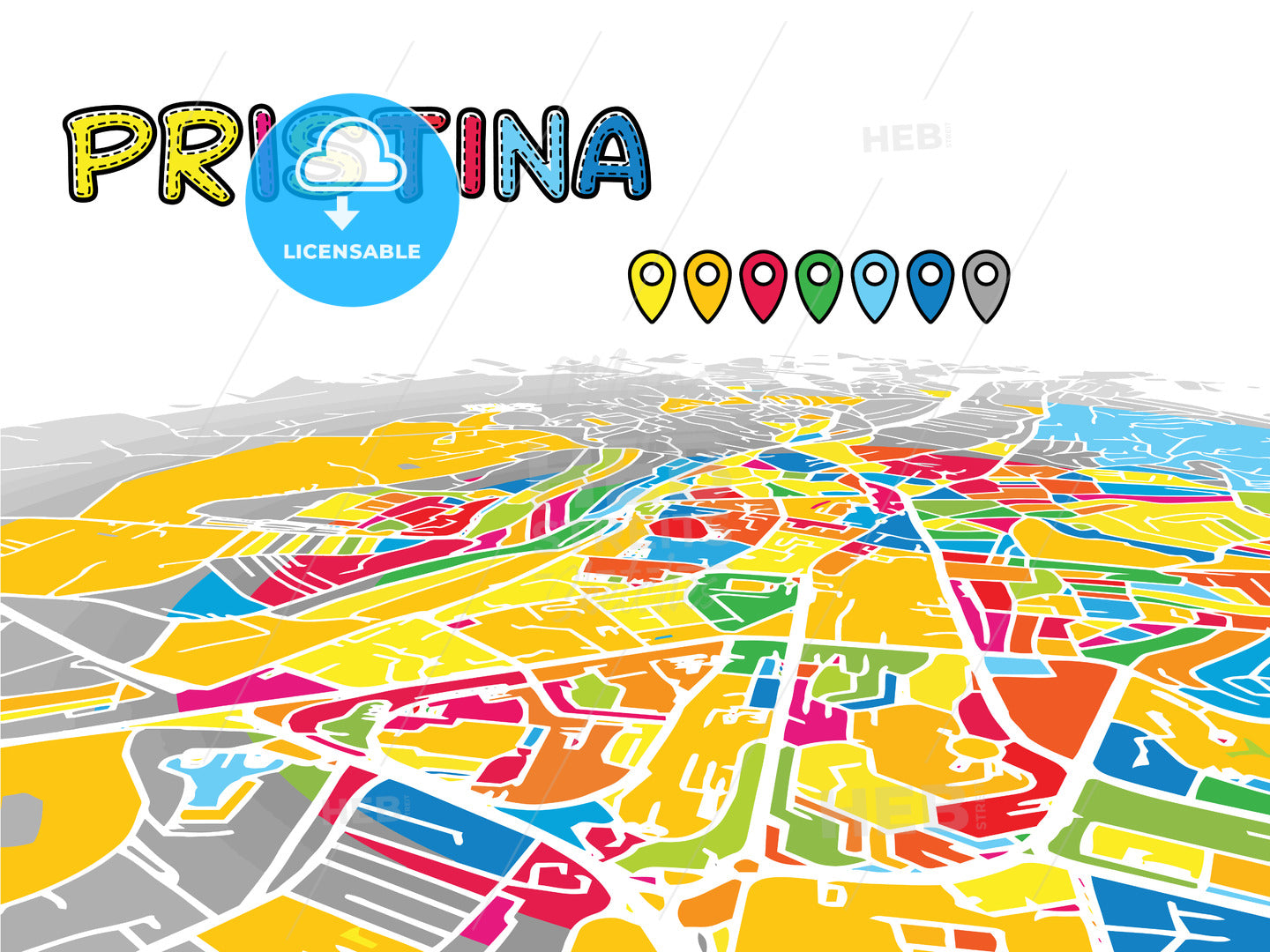 Pristina, Kosovo, downtown map in perspective