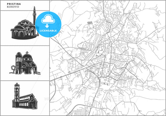 Pristina city map with hand-drawn architecture icons