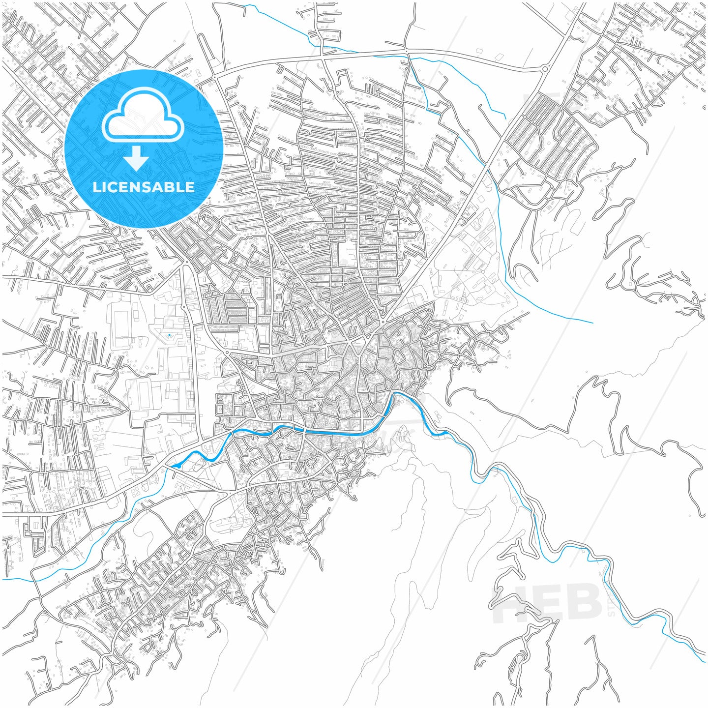 Prizreni / Prizren, District of Prizren, Kosovo, city map with high quality roads.