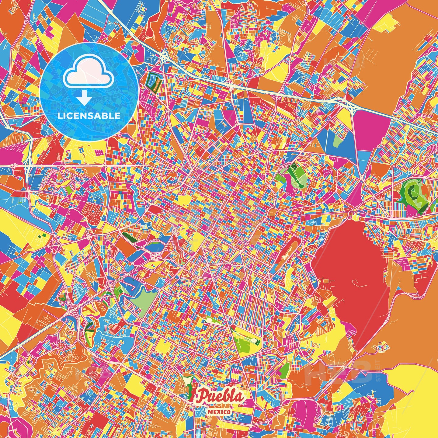 Puebla, Mexico Crazy Colorful Street Map Poster Template - HEBSTREITS Sketches