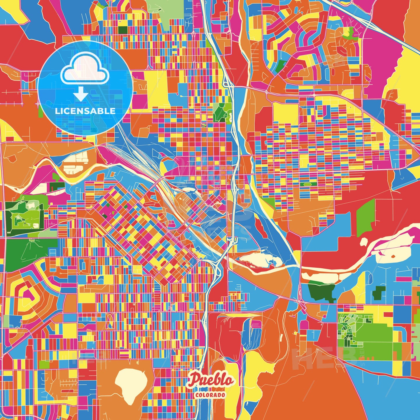 Pueblo, United States Crazy Colorful Street Map Poster Template - HEBSTREITS Sketches