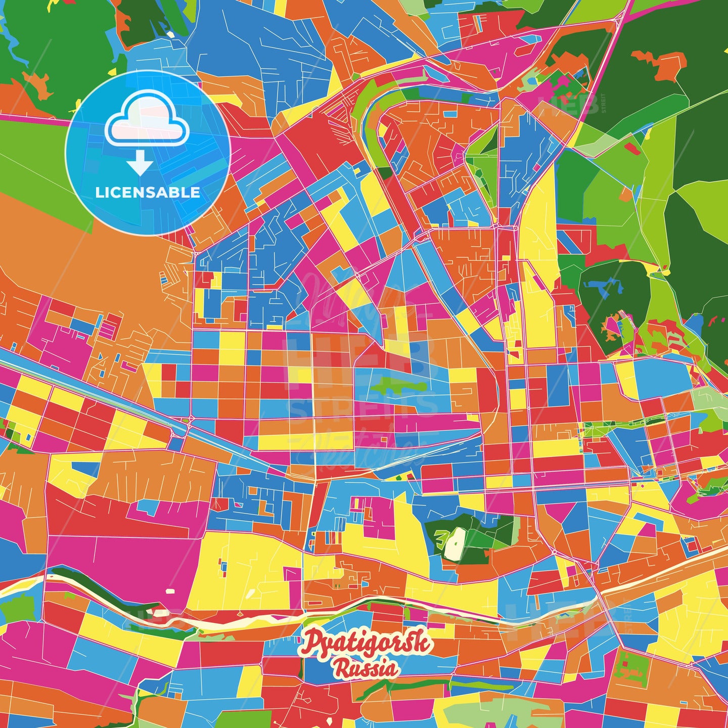 Pyatigorsk, Russia Crazy Colorful Street Map Poster Template - HEBSTREITS Sketches