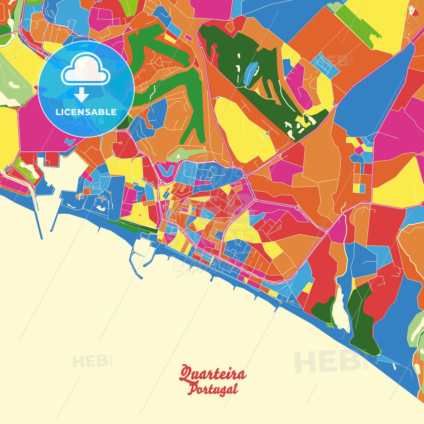 Quarteira, Portugal Crazy Colorful Street Map Poster Template - HEBSTREITS Sketches