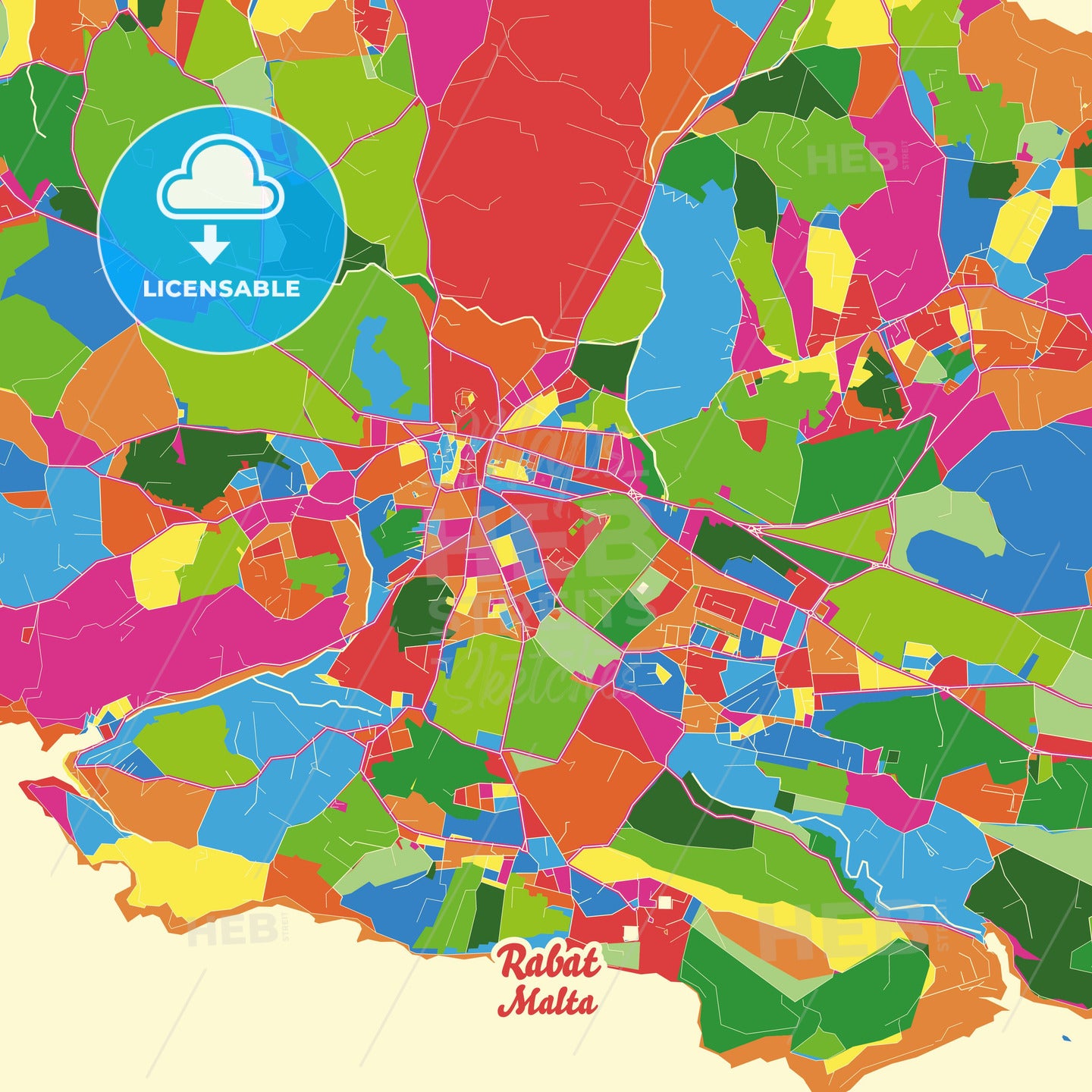 Rabat, Malta Crazy Colorful Street Map Poster Template - HEBSTREITS Sketches