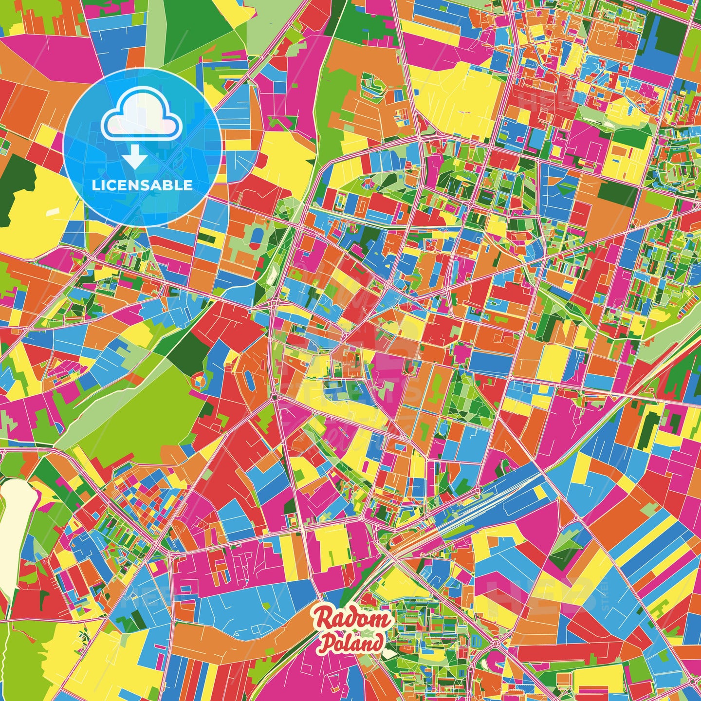 Radom, Poland Crazy Colorful Street Map Poster Template - HEBSTREITS Sketches