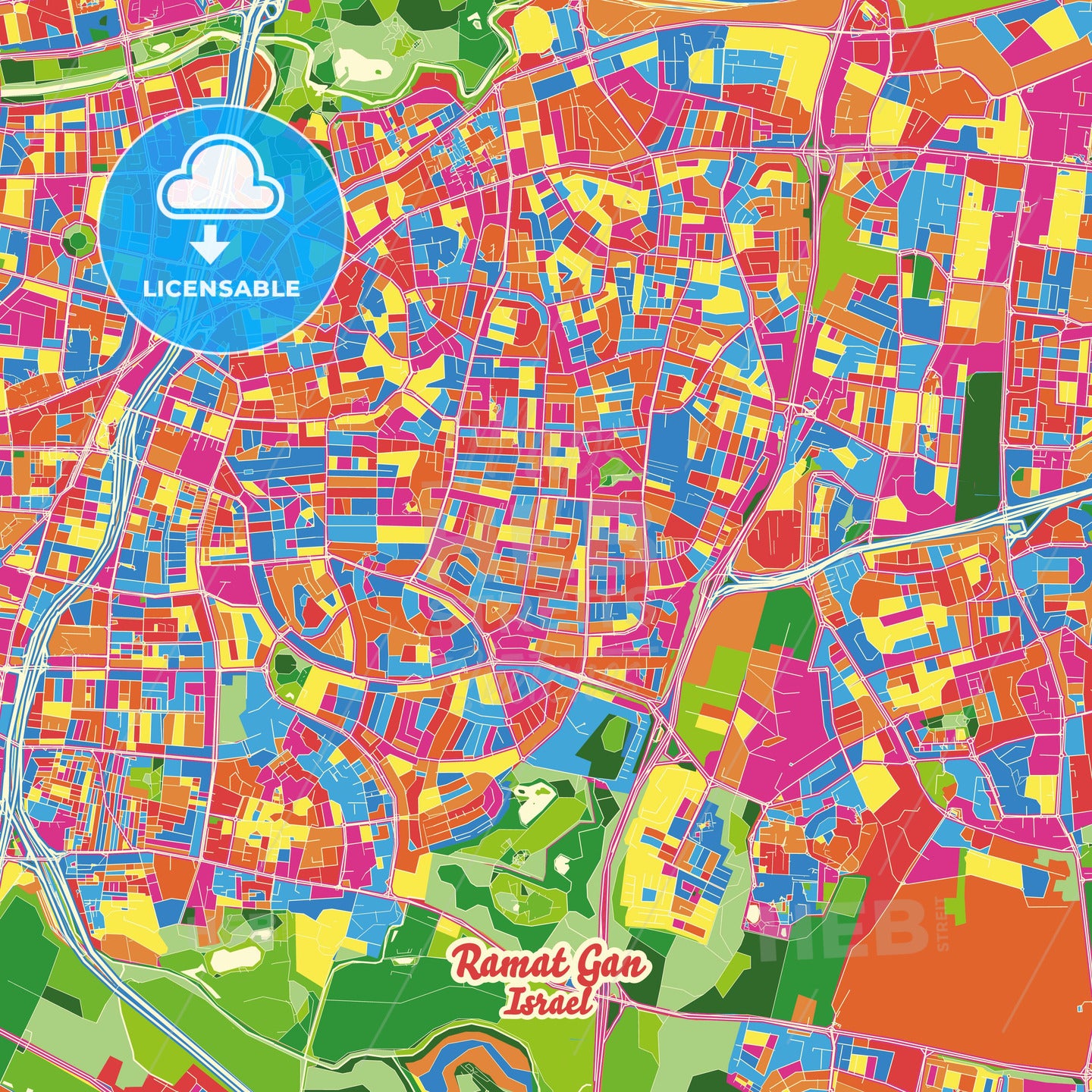 Ramat Gan, Israel Crazy Colorful Street Map Poster Template - HEBSTREITS Sketches
