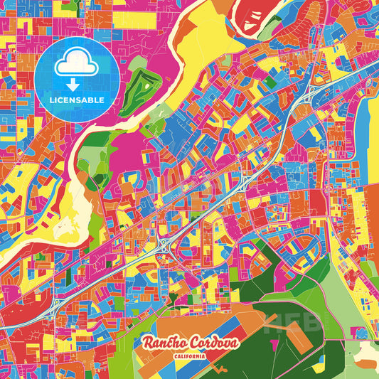 Rancho Cordova, United States Crazy Colorful Street Map Poster Template - HEBSTREITS Sketches