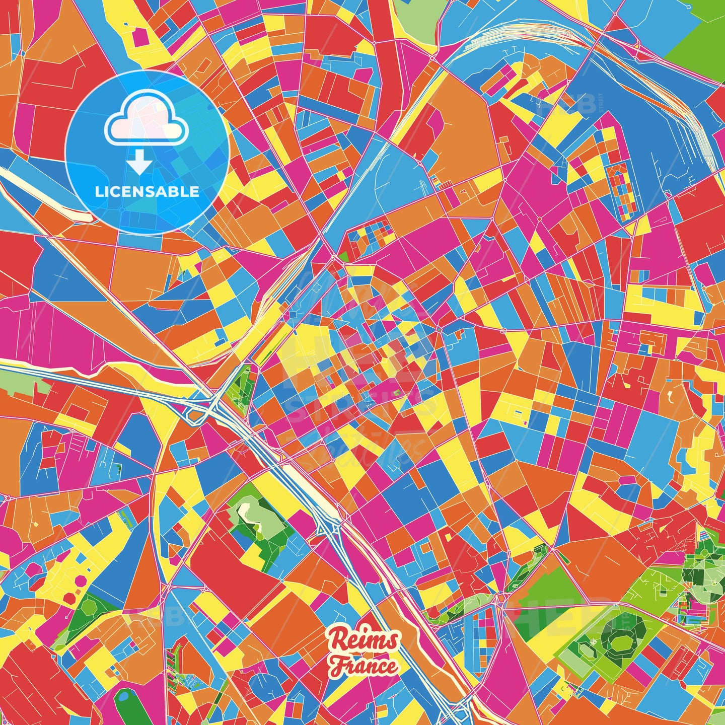 Reims, France Crazy Colorful Street Map Poster Template - HEBSTREITS Sketches