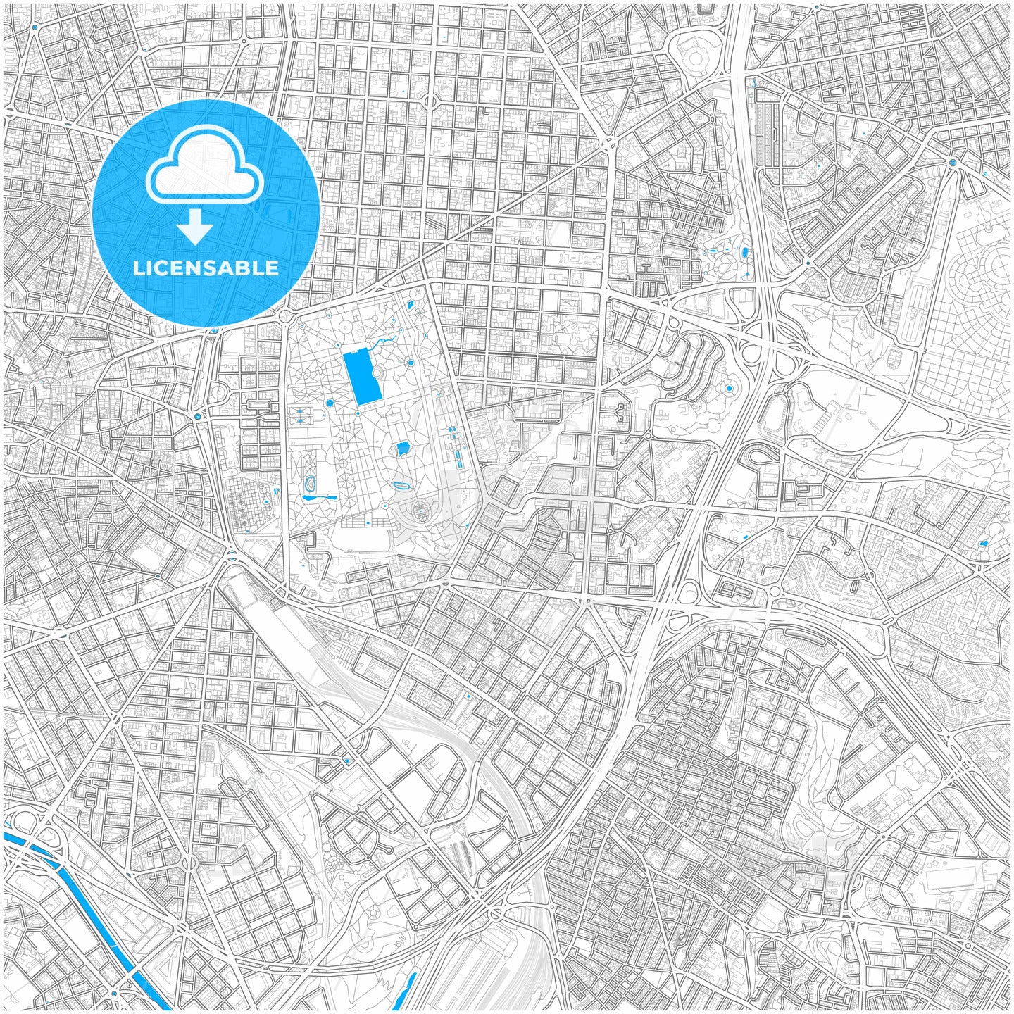 Retiro, Madrid, Spain, city map with high quality roads.