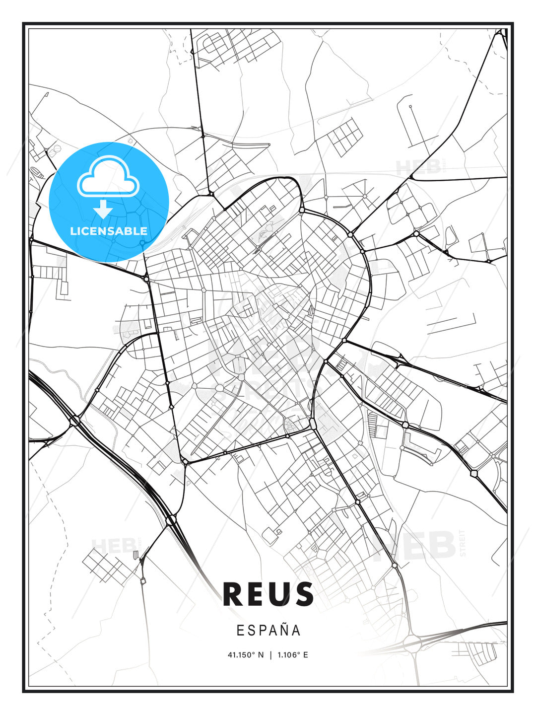 Reus, Spain, Modern Map Print Template in Various Formats - HEBSTREITS