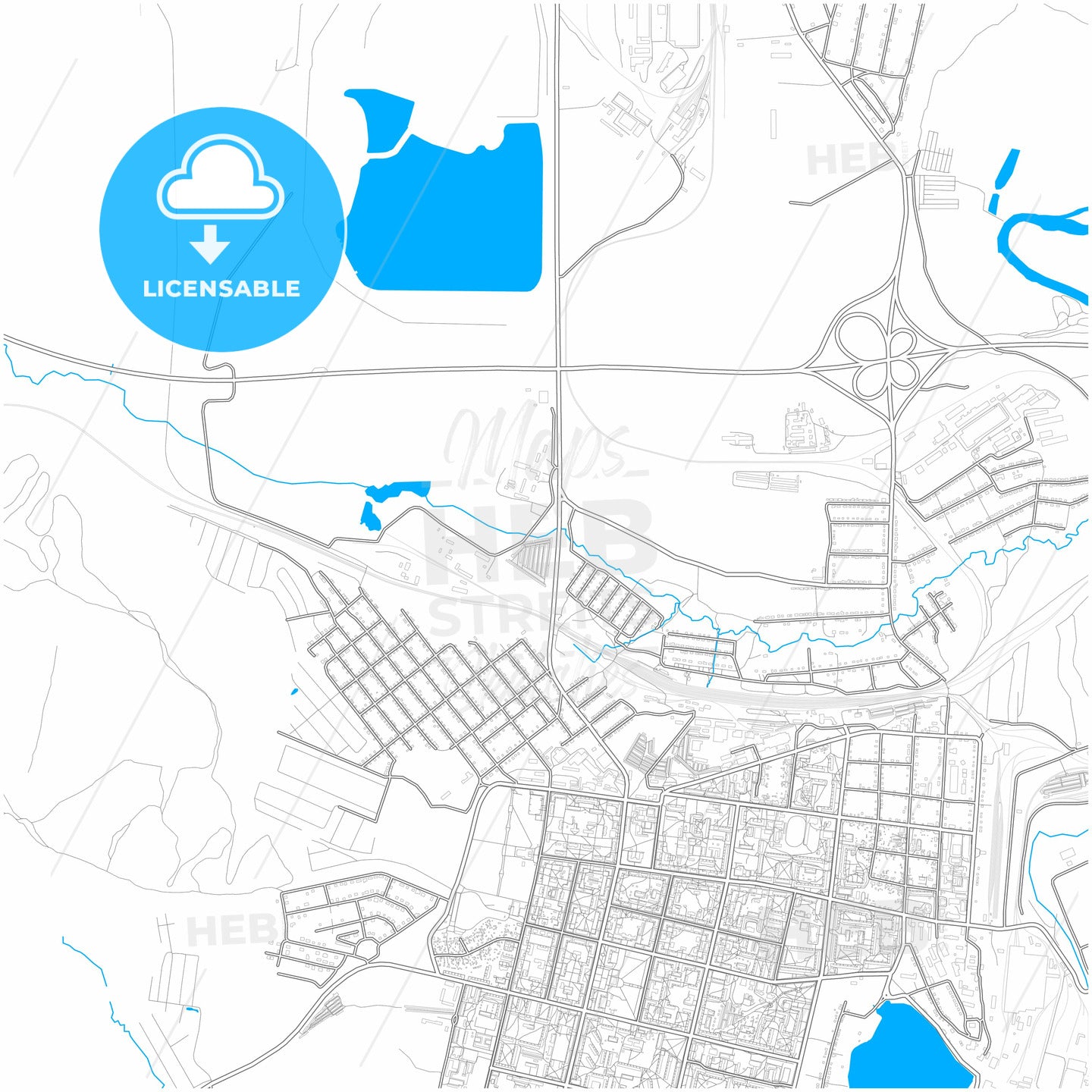 Revda, Sverdlovsk Oblast, Russia, city map with high quality roads.