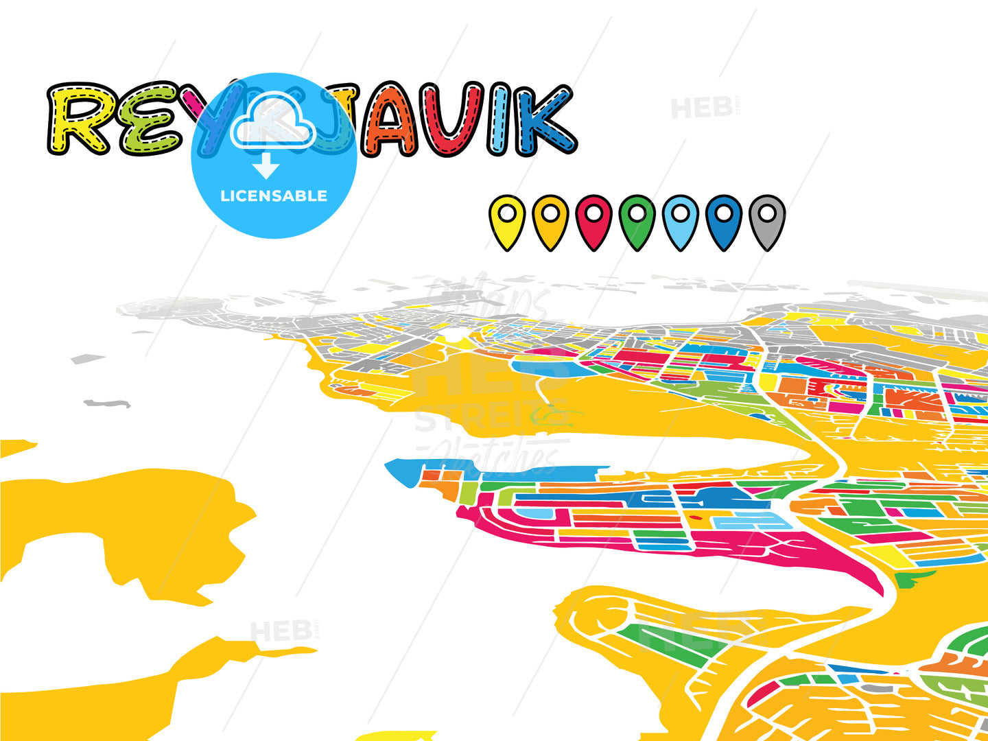 Reykjavik, Iceland, downtown map in perspective