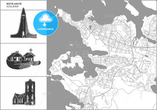Reykjavik city map with hand-drawn architecture icons