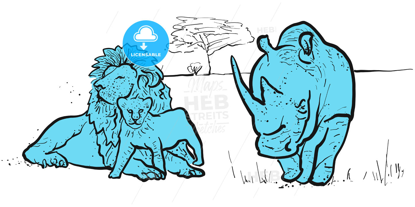 Rhino and lions illustration – instant download