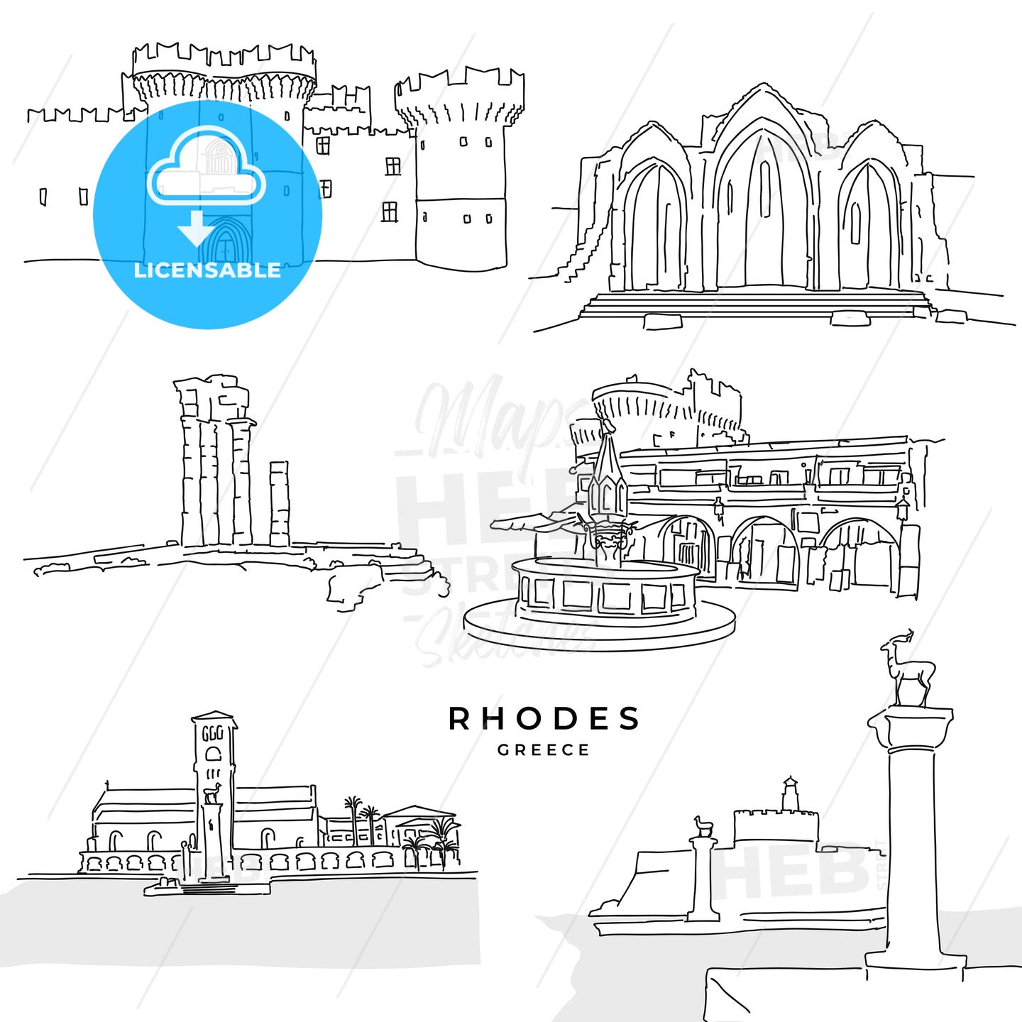 Rhodes Greece landmarks drawings – instant download