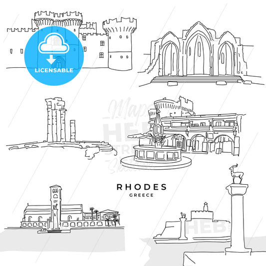 Rhodes Greece landmarks drawings – instant download