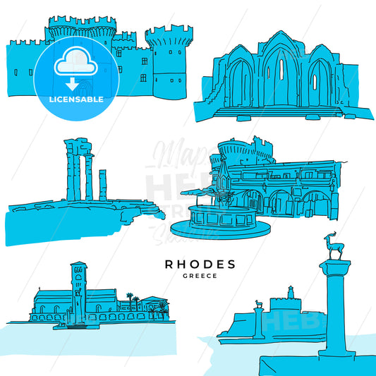 Rhodes Greece landmarks drawings filled – instant download