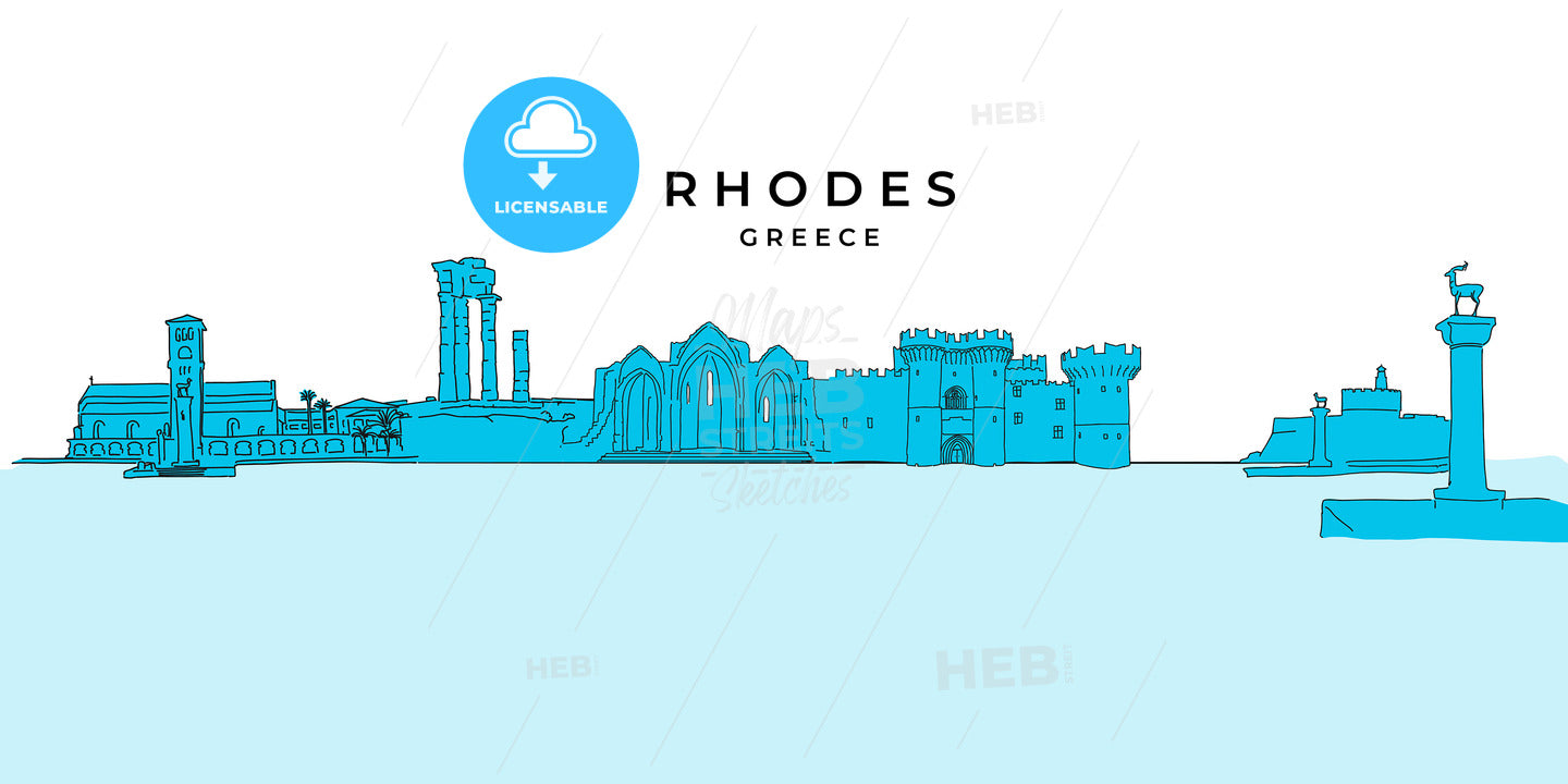 Rhodes Greece panorama drawing – instant download