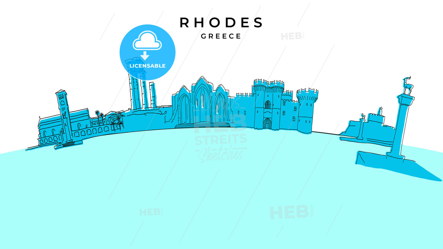 Rhodes Greece Panorama. Hand-Drawn Vector Illustration - HEBSTREITS