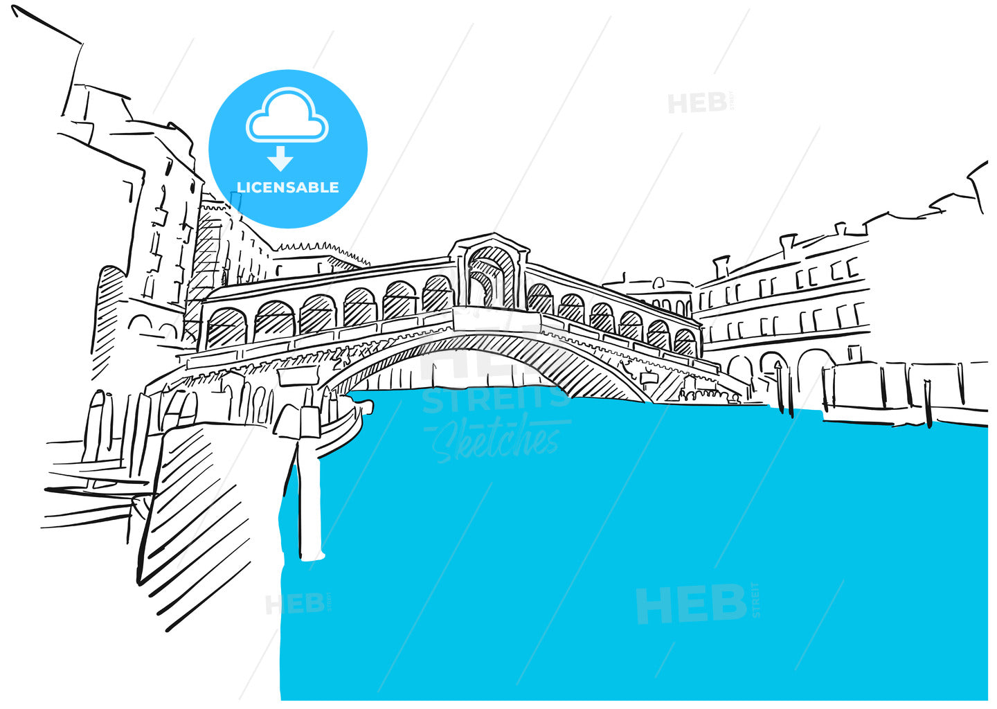 Rialto Bridge Venice and Blue Water Sketch – instant download