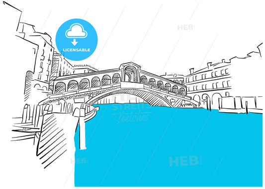 Rialto Bridge Venice and Blue Water Sketch – instant download