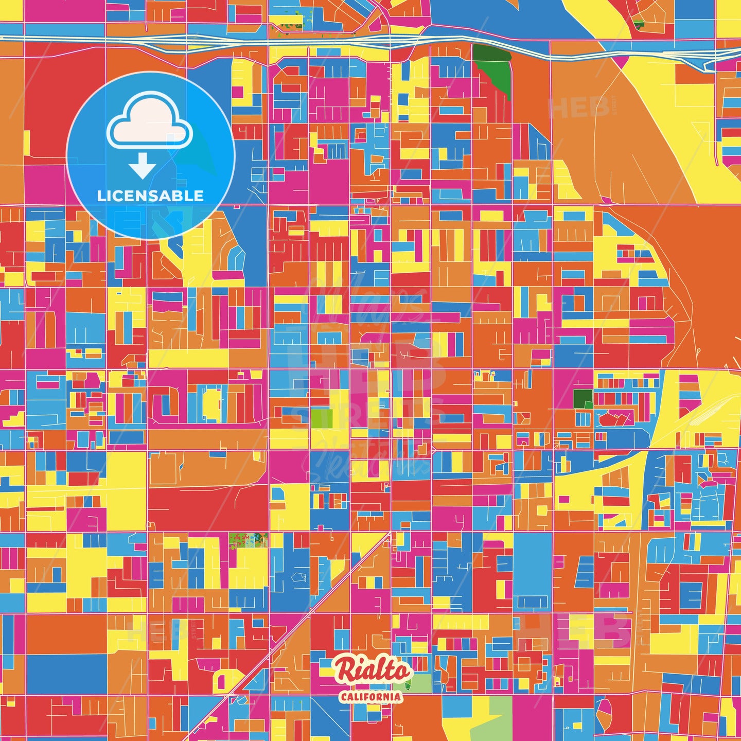 Rialto, United States Crazy Colorful Street Map Poster Template - HEBSTREITS Sketches