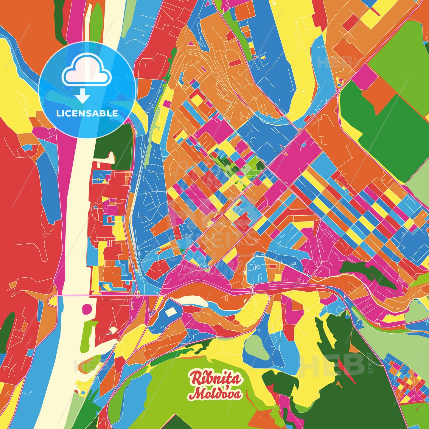 Rîbnița, Moldova Crazy Colorful Street Map Poster Template - HEBSTREITS Sketches