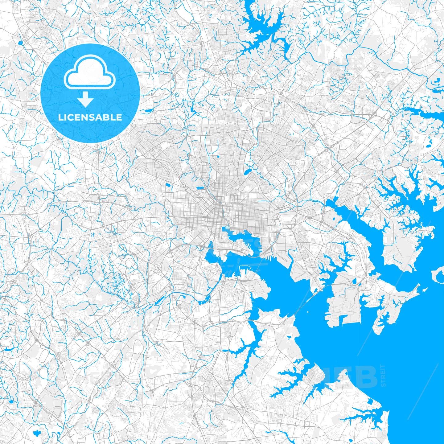 Rich detailed vector map of Baltimore, Maryland, U.S.A.