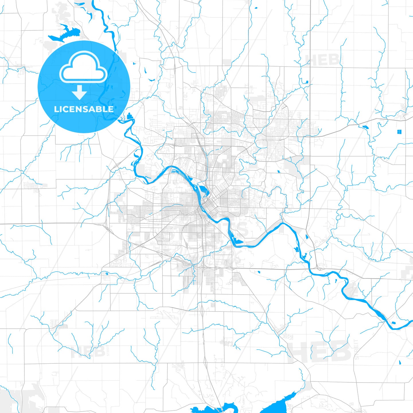 Rich detailed vector map of Cedar Rapids, Iowa, USA