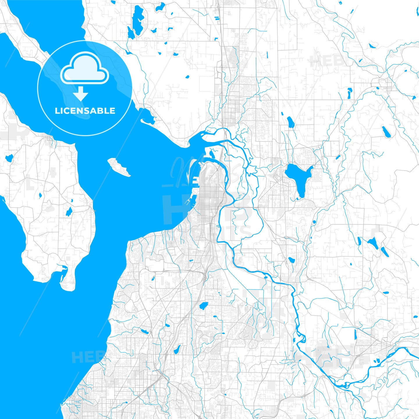 Rich detailed vector map of Everett, Washington, USA