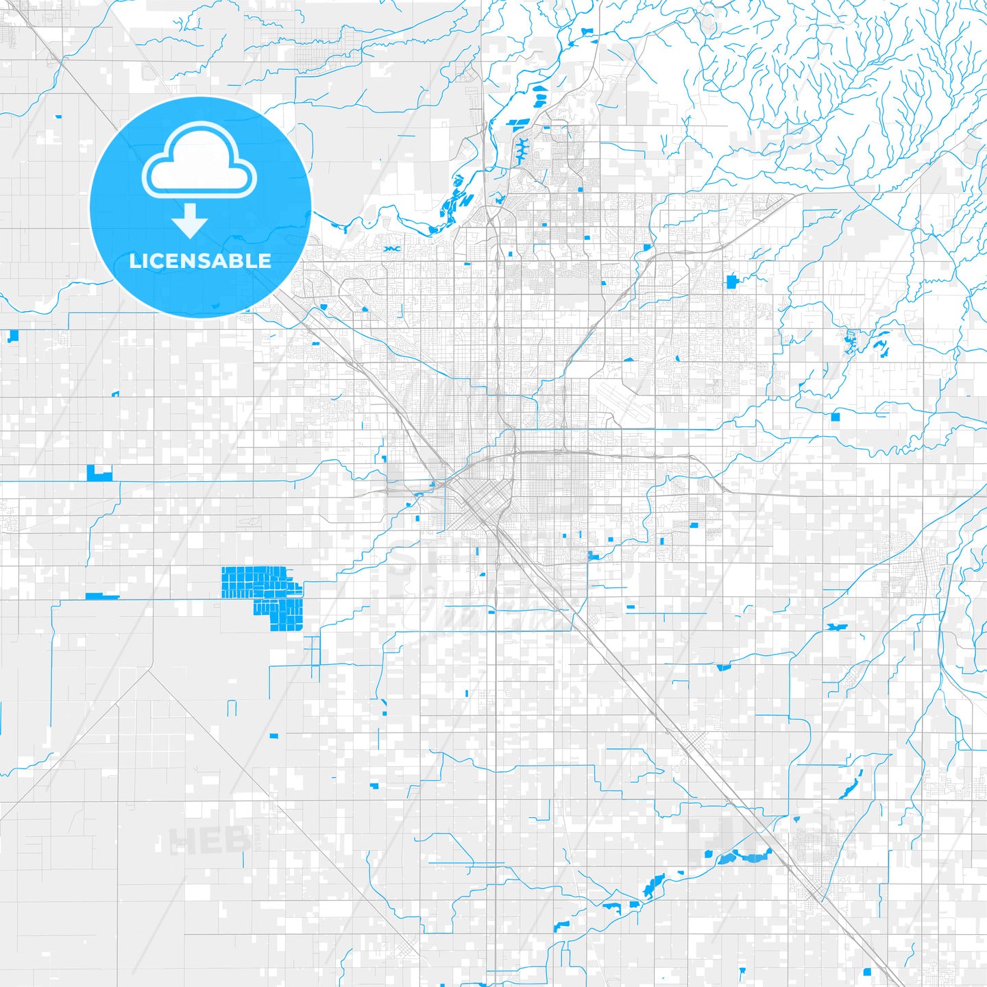 Rich detailed vector map of Fresno, California, U.S.A.