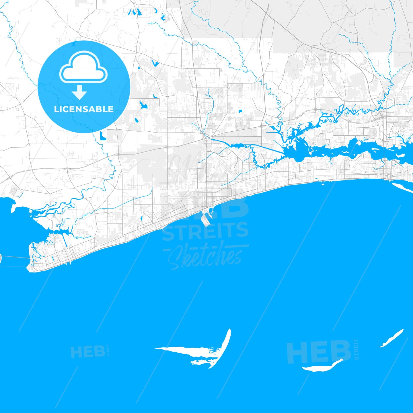 Rich detailed vector map of Gulfport, Mississippi, USA
