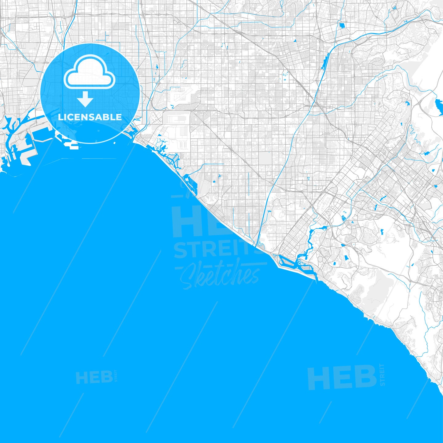 Rich detailed vector map of Huntington Beach, California, USA