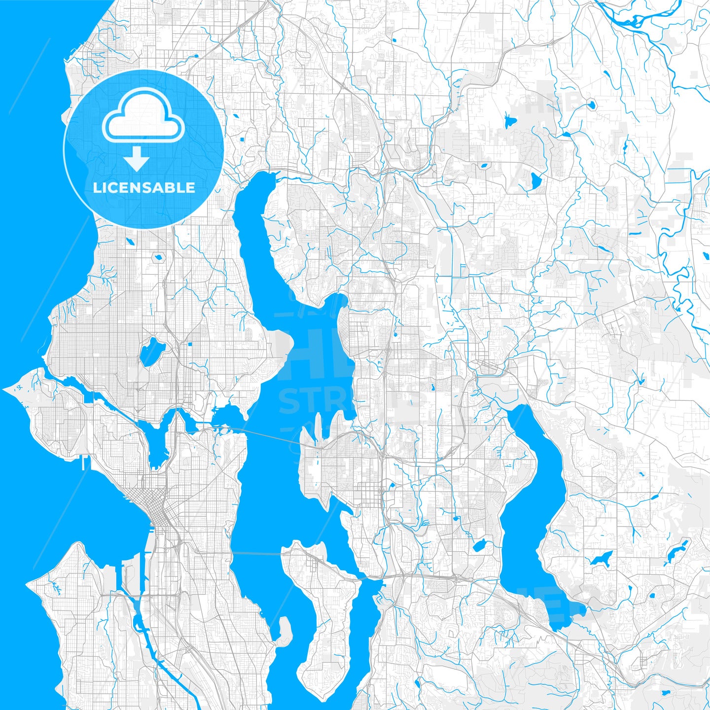 Rich detailed vector map of Kirkland, Washington, USA