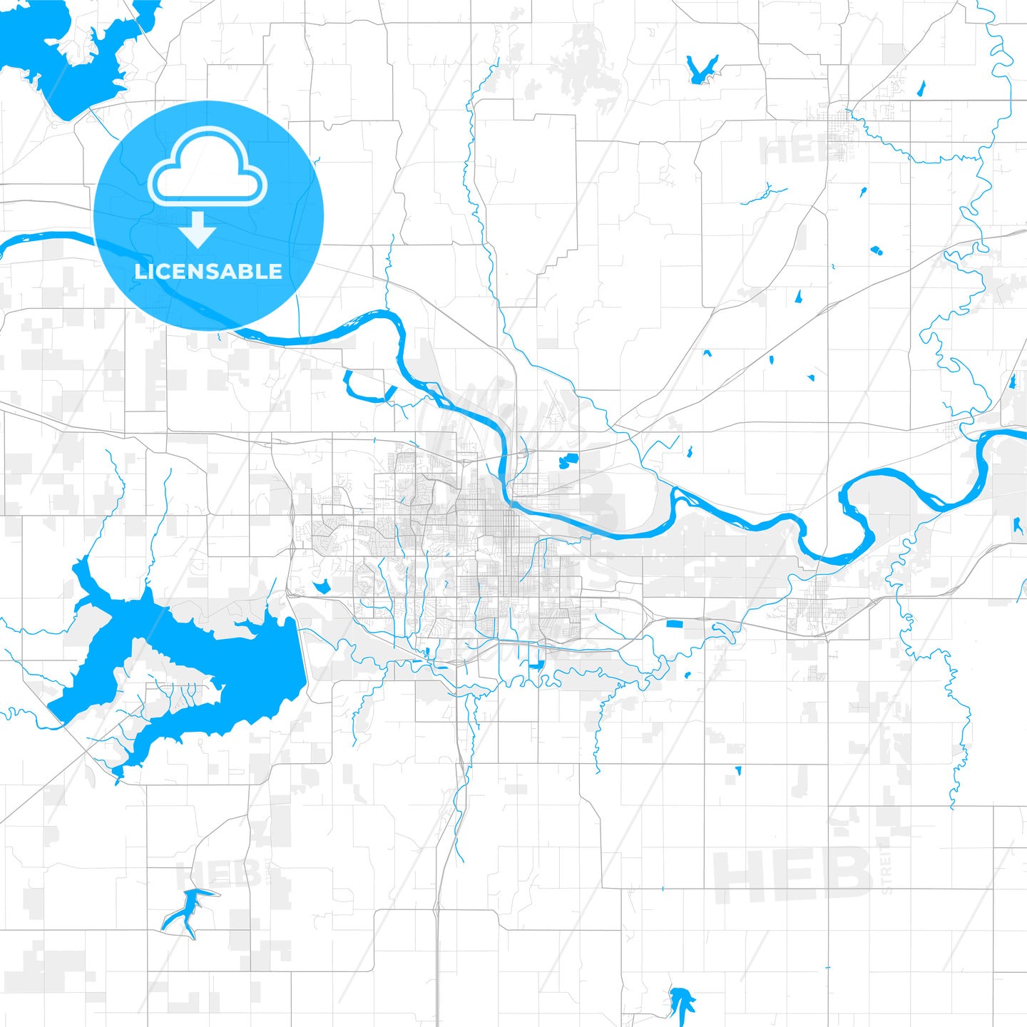 Rich detailed vector map of Lawrence, Kansas, USA