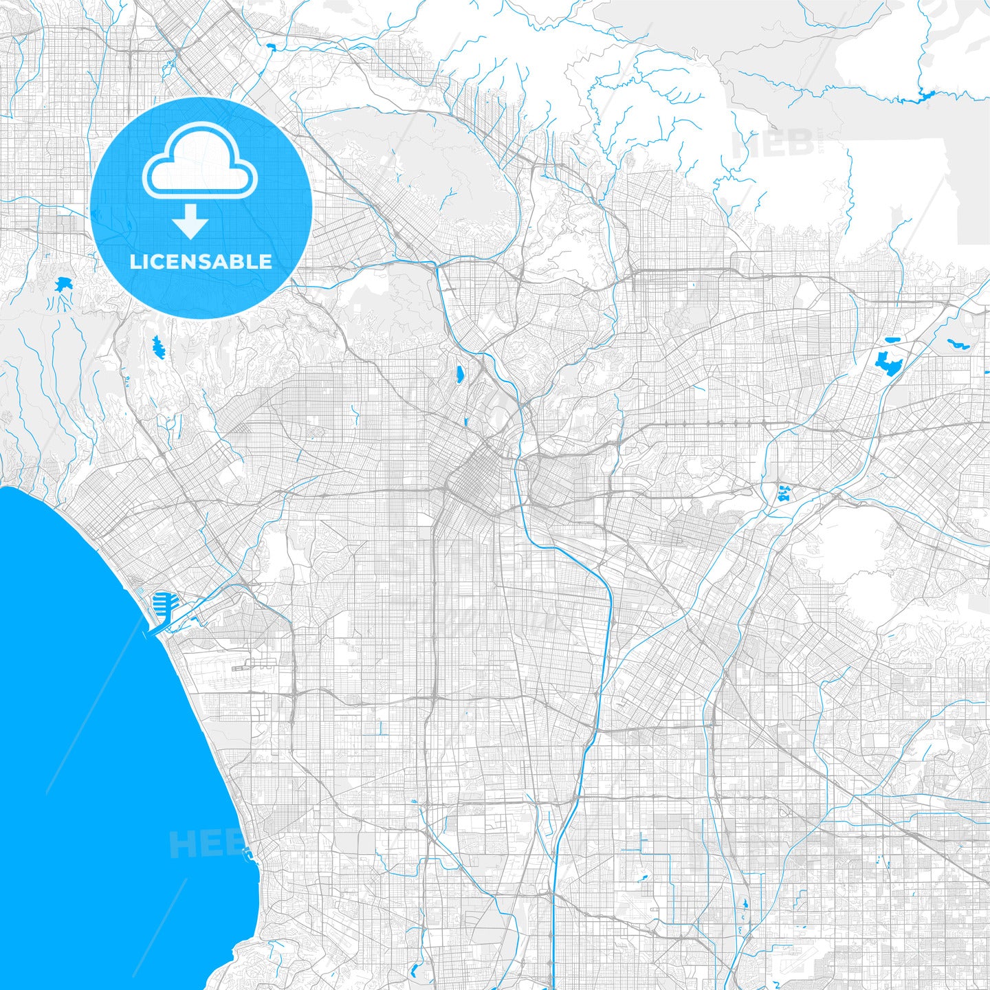 Rich detailed vector map of Los Angeles, California, U.S.A.