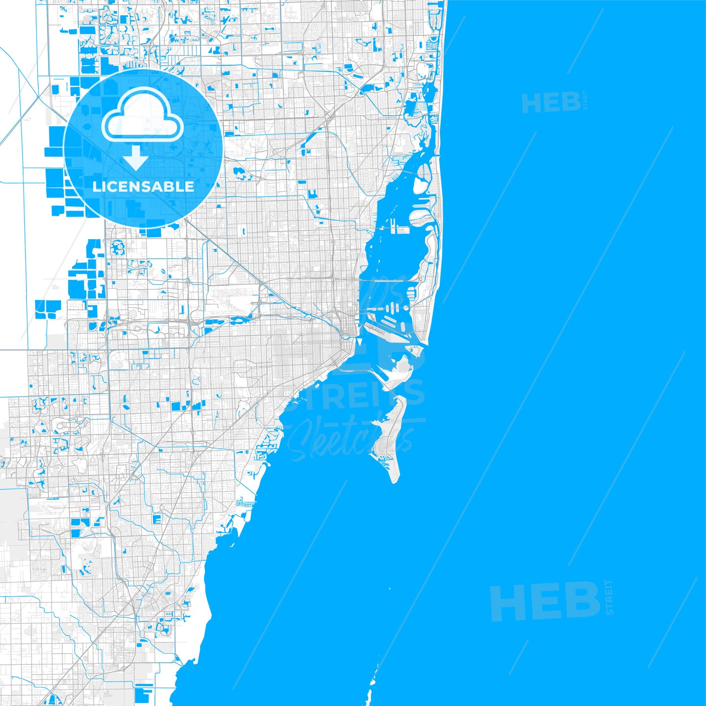 Rich detailed vector map of Miami, Florida, U.S.A.