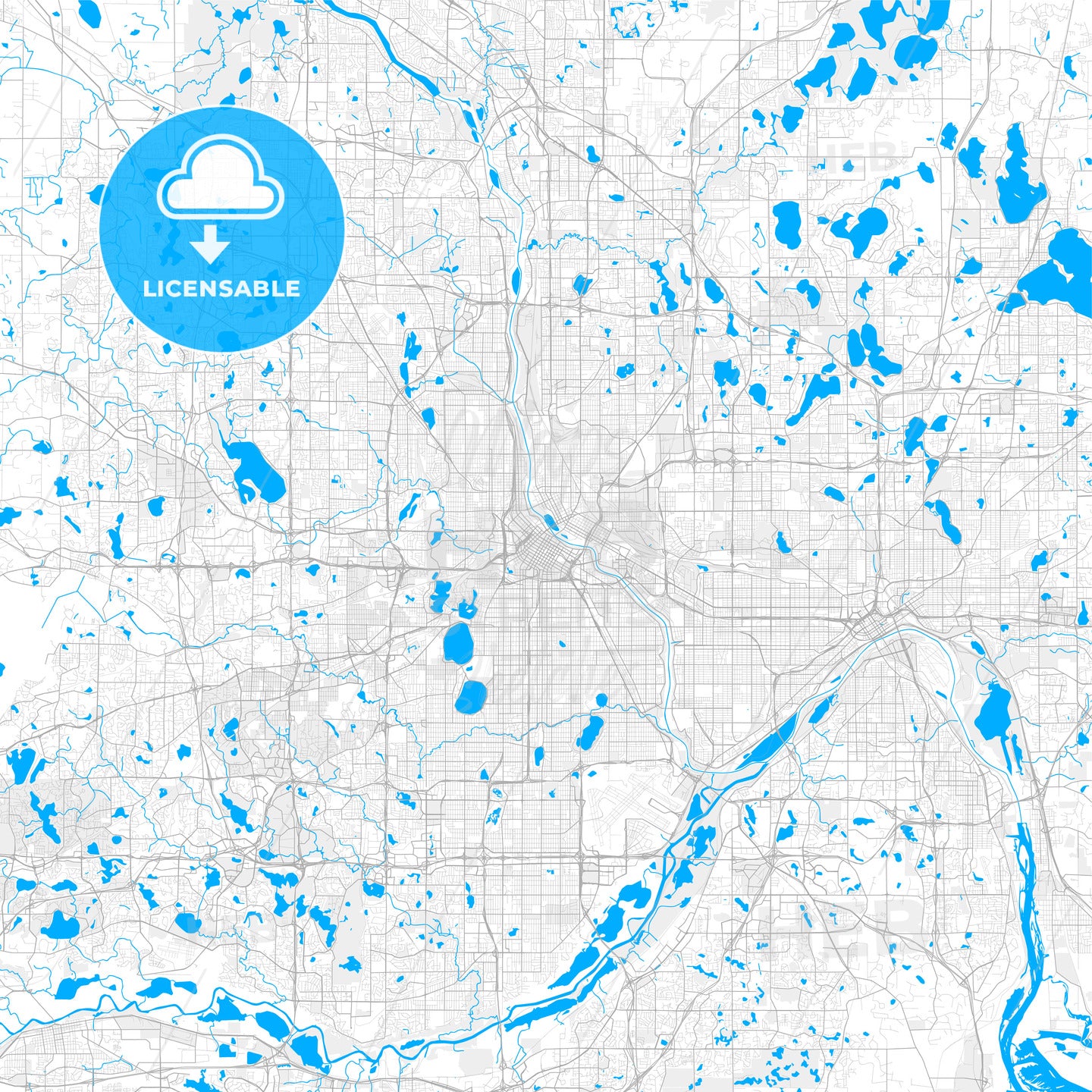 Rich detailed vector map of Minneapolis, Minnesota, U.S.A.