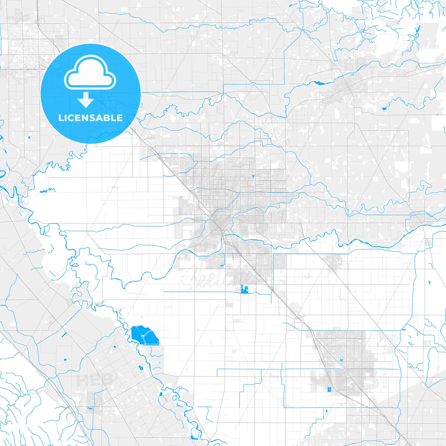 Rich detailed vector map of Modesto, California, USA