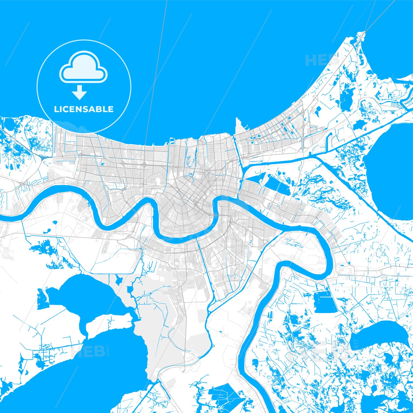 Rich detailed vector map of New Orleans, Louisiana, U.S.A.