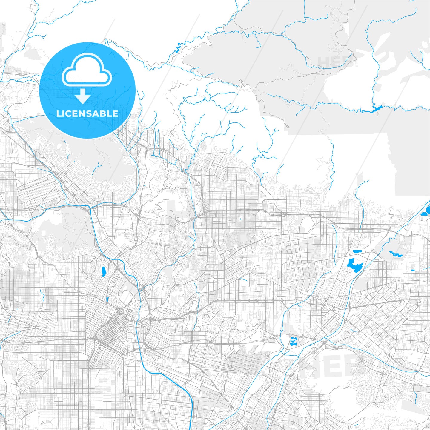 Rich detailed vector map of Pasadena, California, USA