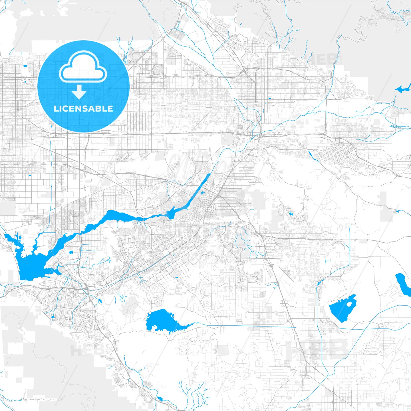 Rich detailed vector map of Riverside, California, U.S.A.