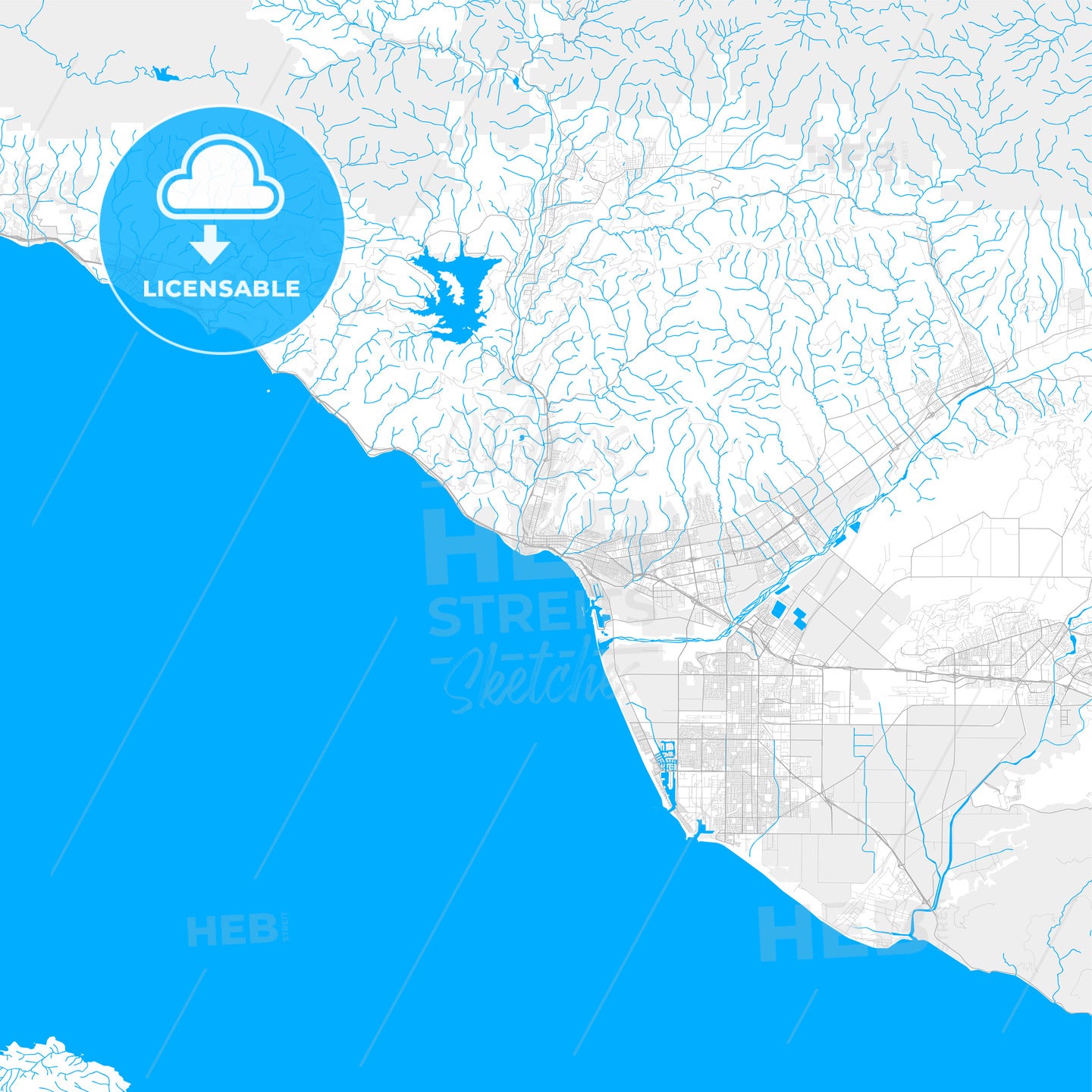 Rich detailed vector map of San Buenaventura, California, USA