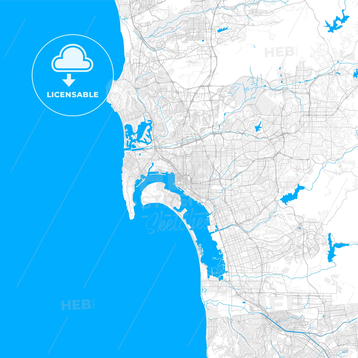 Rich detailed vector map of San Diego, California, U.S.A.