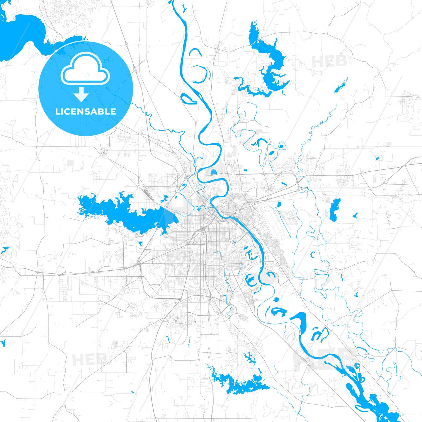 Rich detailed vector map of Shreveport, Louisiana, USA