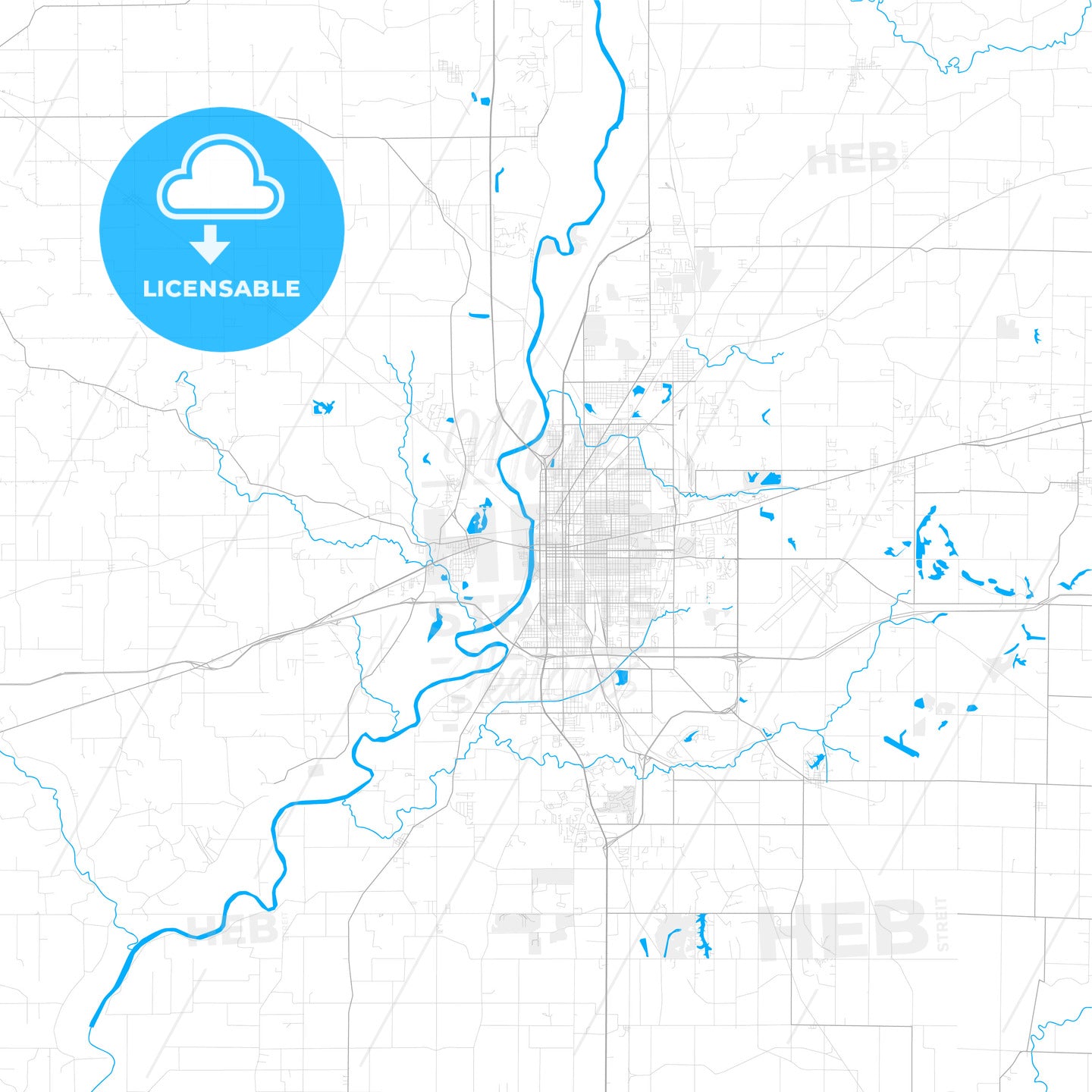 Rich detailed vector map of Terre Haute, Indiana, USA