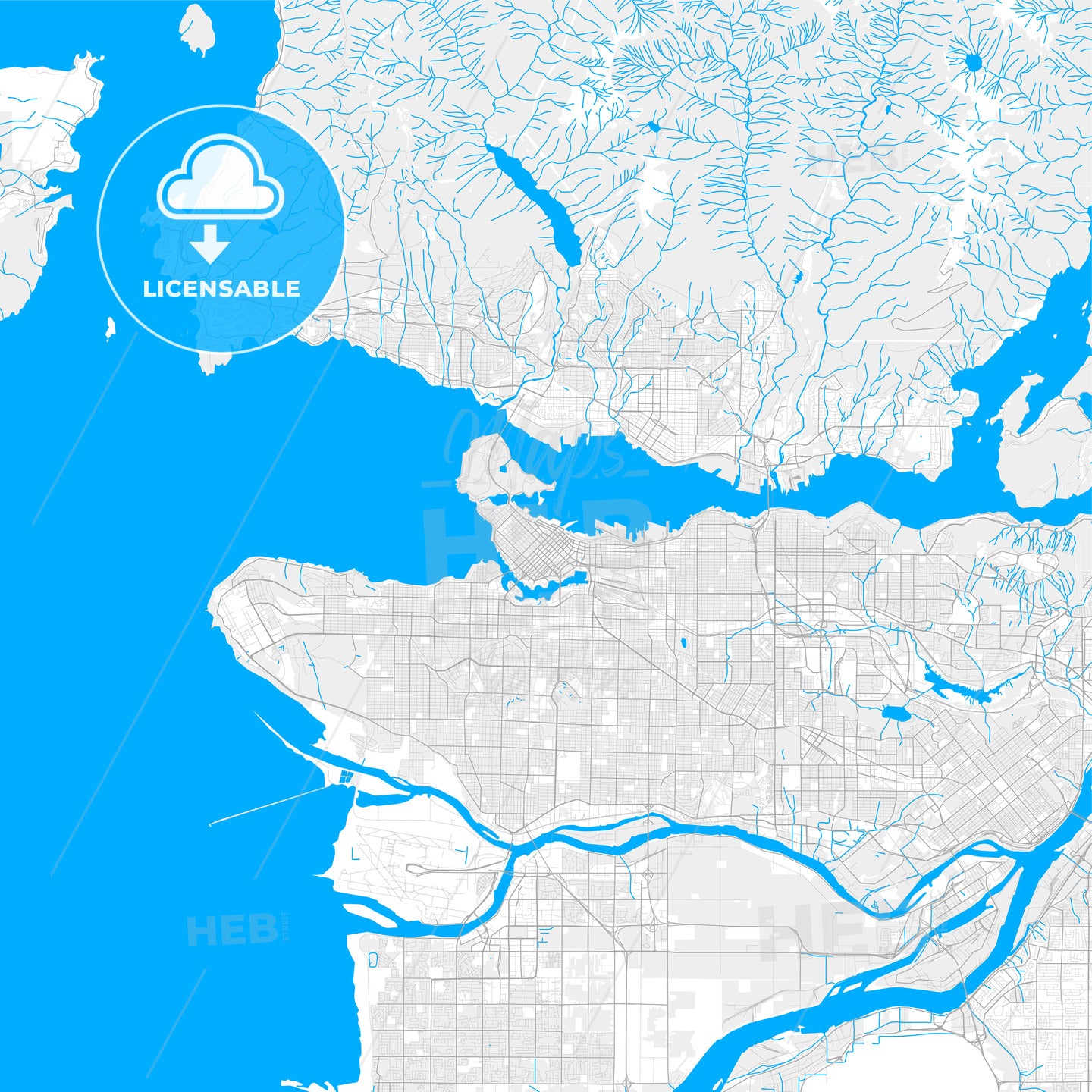 Rich detailed vector map of Vancouver, British Columbia, Canada