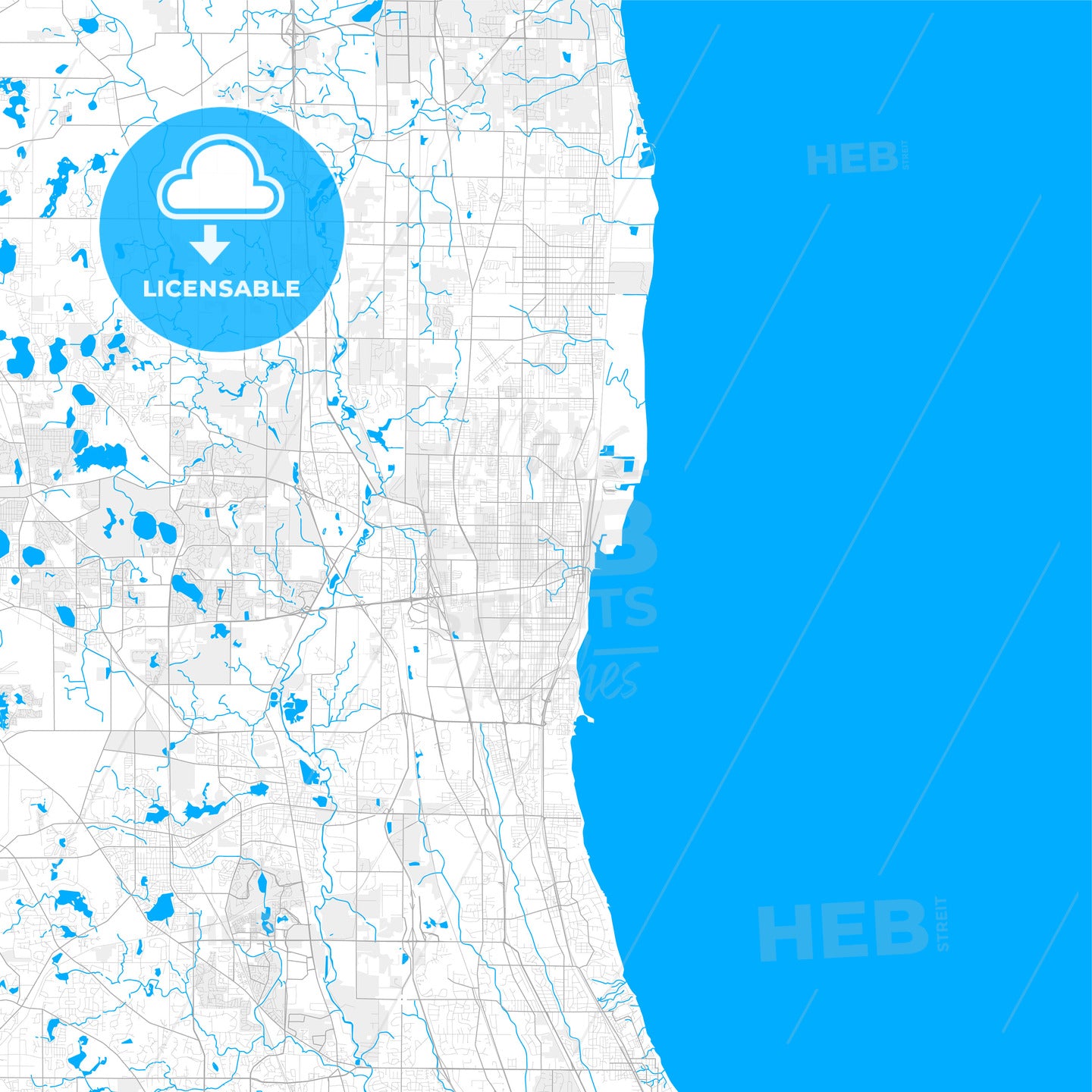 Rich detailed vector map of Waukegan, Illinois, USA