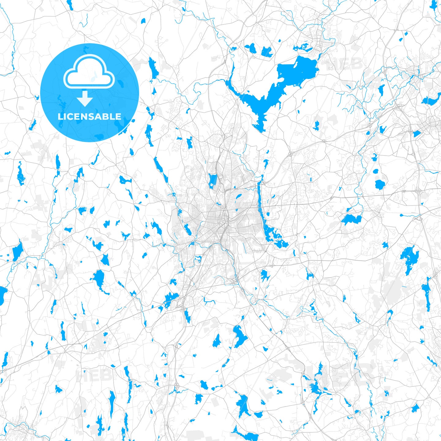 Rich detailed vector map of Worcester, Massachusetts, USA